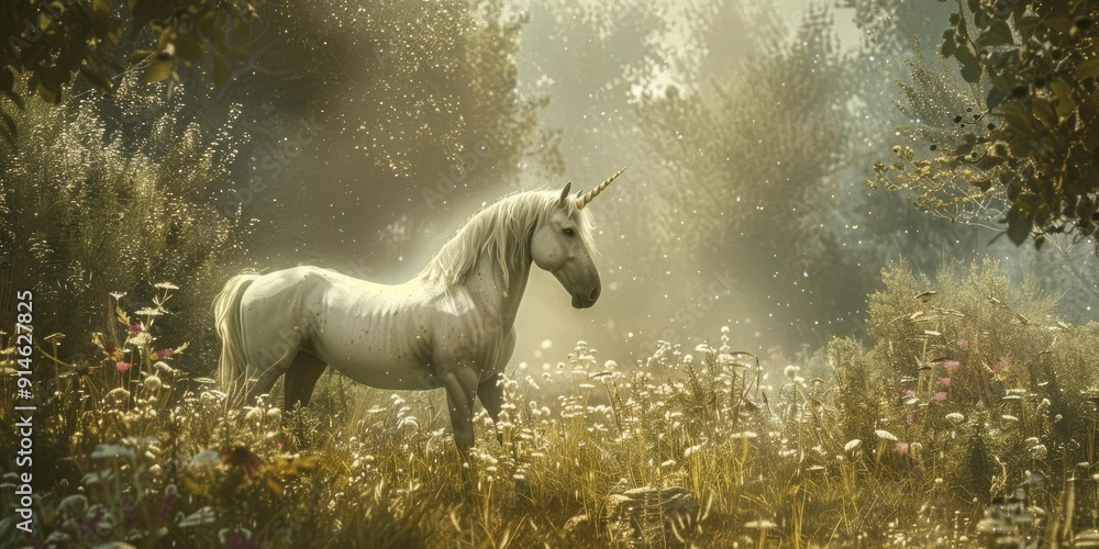 White unicorn in a field of flowers. White unicorn in a field of flowers.