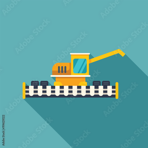 Yellow harvester machine harvesting rice or wheat field flat design icon illustration on blue background with long shadow