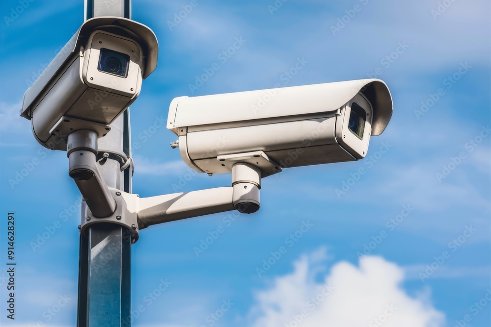 Outdoor Security Cameras Mounted on Pole Against Blue Sky Background. Outdoor Security Cameras Mounted on Pole Against Blue Sky Background.