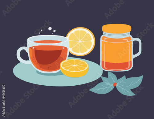 Hot cup of tea, marmalade jam jar and slice of lemon - cozy winter drink
