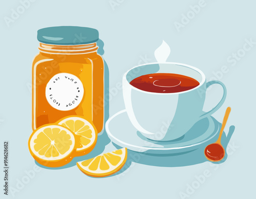 Hot cup of tea, marmalade jam jar and slice of lemon - cozy winter drink
