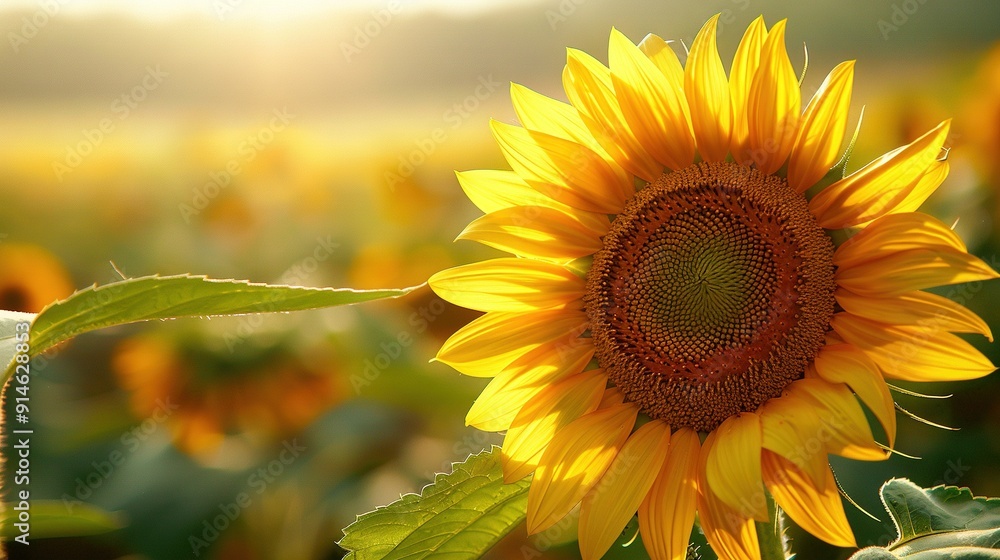 Fototapeta premium A sunflower among many sunflowers under the bright sun in the backdrop