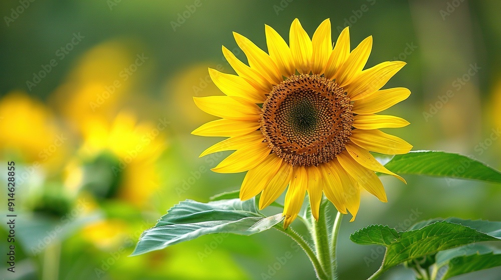 A sunflower's close-up in a field against a blurred background A sunflower's close-up in a field against a blurred background