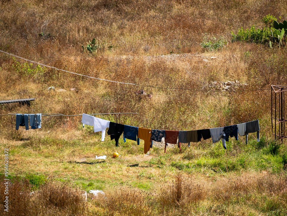 Clothes Hanging on a Rope in the Middle of a Vacant lot Filled with Long Yellow Grass