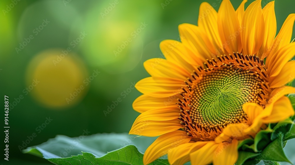 Naklejka premium A sunflower with a green center and green leaves against a blurred background of the sun in the distance