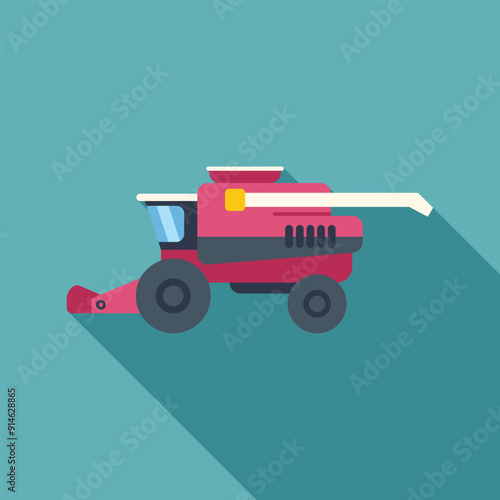Combine harvester working in a field, flat design illustration with long shadow