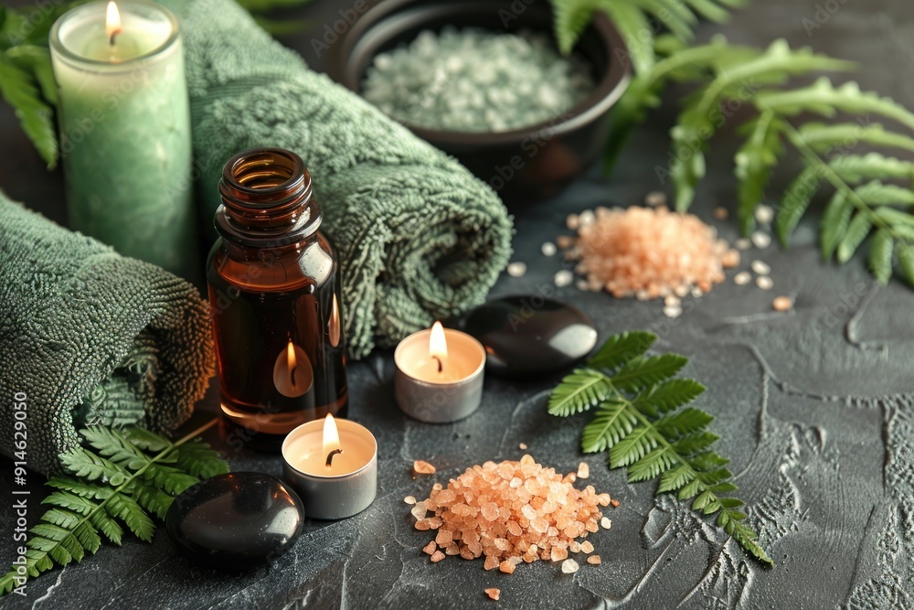Relaxing Spa Essentials on a Dark Background Relaxing Spa Essentials on a Dark Background