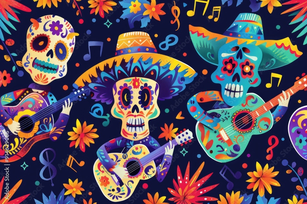 Fototapeta premium Skeletons playing guitars with colorful floral decorations and musical notes for Dia de los Muertos Day of the Dead. AI