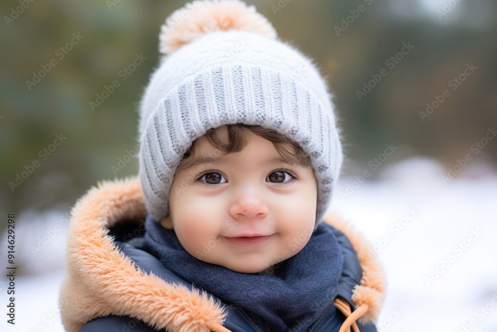 Baby headshot portrait in outdoors on a cold winter day Baby headshot portrait in outdoors on a cold winter day