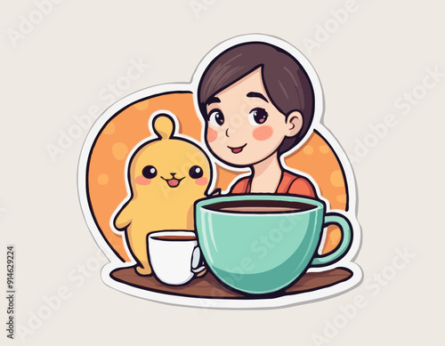 Sticker with a cute character with a cup of tea. Cartoon vector color illustration 