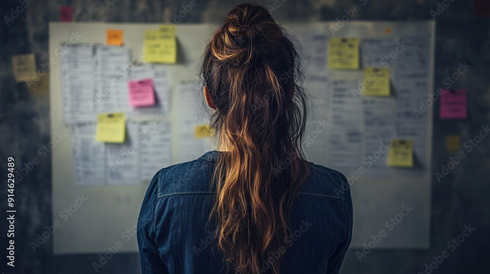 Female entrepreneur is reviewing notes and sketches on a wall, deeply engaged in the creative process of planning a project Female entrepreneur is reviewing notes and sketches on a wall, deeply engaged in the creative process of planning a project