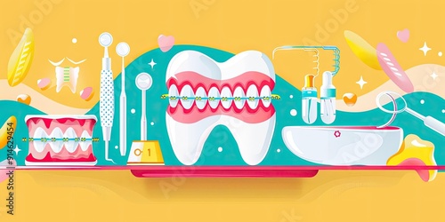 Teeth with braces and dental tools. photo