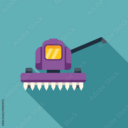 Combine harvester harvesting wheat in field, modern agriculture machinery flat design icon with side shadow