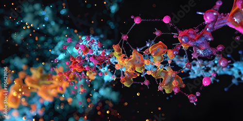 A detailed illustration of an enzyme-substrate complex colorful hexagon concept with glowing bokeh effects, colorful modern sparkling and reflecting light