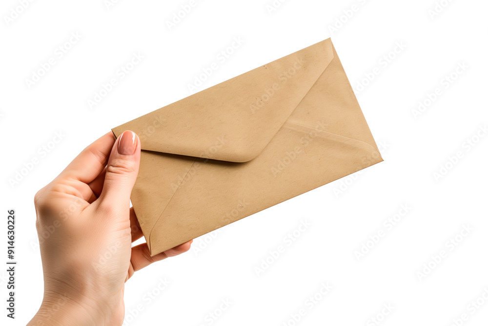 Woman's hand holding a blank envelope, front side to the camera