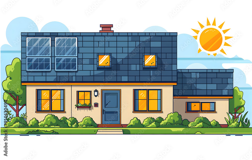 Naklejka premium Small house with solar energy installation with names of system components in white background. Renewable Energy - Vector image design
