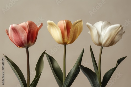 Close-up of Three Vibrant Tulip Flowers Against Neutral Background.