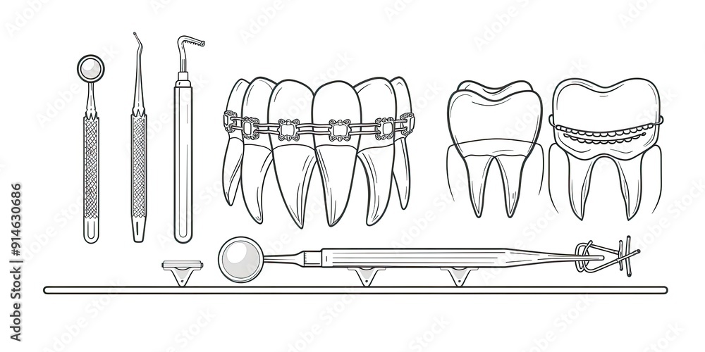 Dental tools and teeth with braces. Dental tools and teeth with braces.