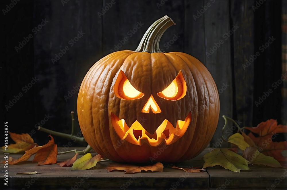 Scary carved pumpkin, Halloween background, jack o lantern, October 31, culture and religion template, copy space area