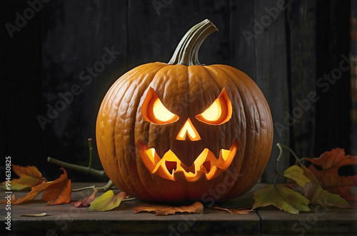 Obraz na płótnie Scary carved pumpkin, Halloween background, jack o lantern, October 31, culture and religion template, copy space area w salonie