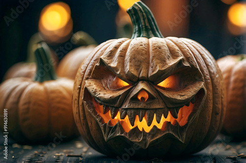 Obraz na płótnie Scary carved pumpkin, Halloween background, jack o lantern, October 31, culture and religion template, copy space area w salonie