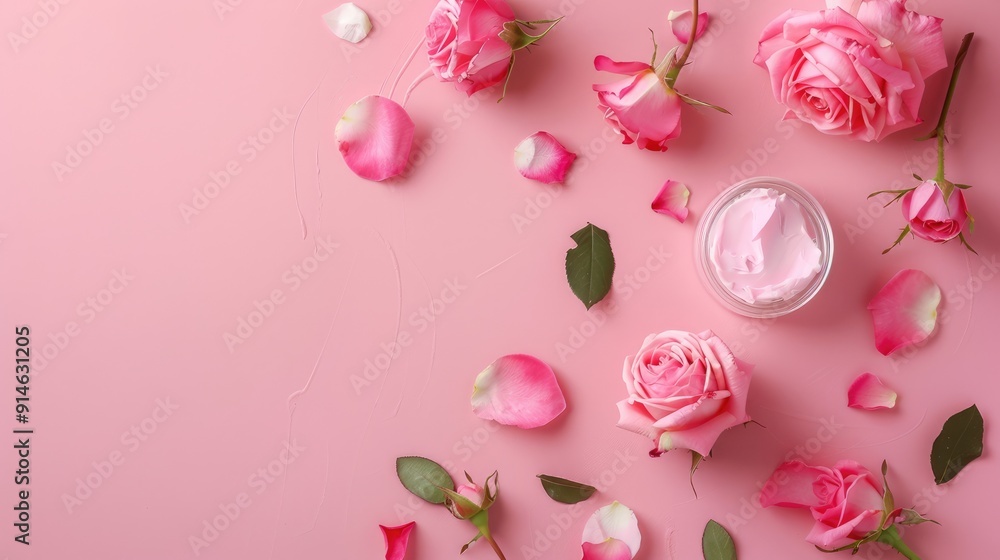 Fototapeta premium Rose-based homemade cosmetics on pink background benefit skin health.