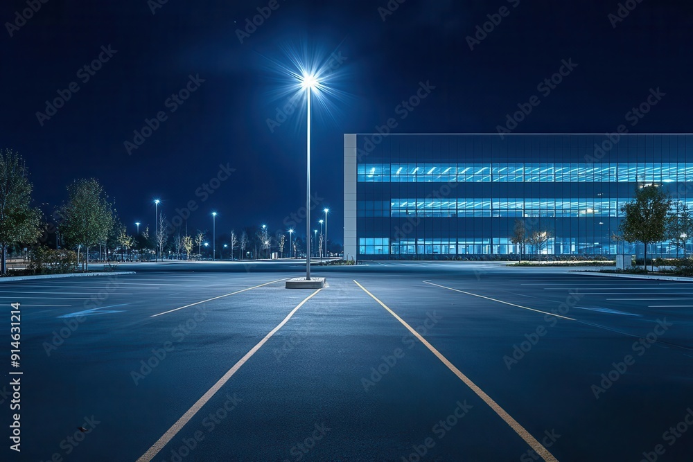vast empty parking lot at night modern glass and steel building looming in background eerie atmosphere with lone streetlight casting long shadows vast empty parking lot at night modern glass and steel building looming in background eerie atmosphere with lone streetlight casting long shadows
