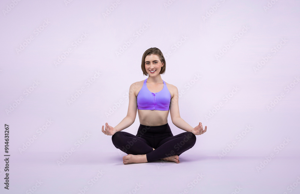Full body length gaiety shot athletic and sporty woman doing healthy and meditative yoga exercise workout posture on isolated background. Healthy active and body care lifestyle Full body length gaiety shot athletic and sporty woman doing healthy and meditative yoga exercise workout posture on isolated background. Healthy active and body care lifestyle