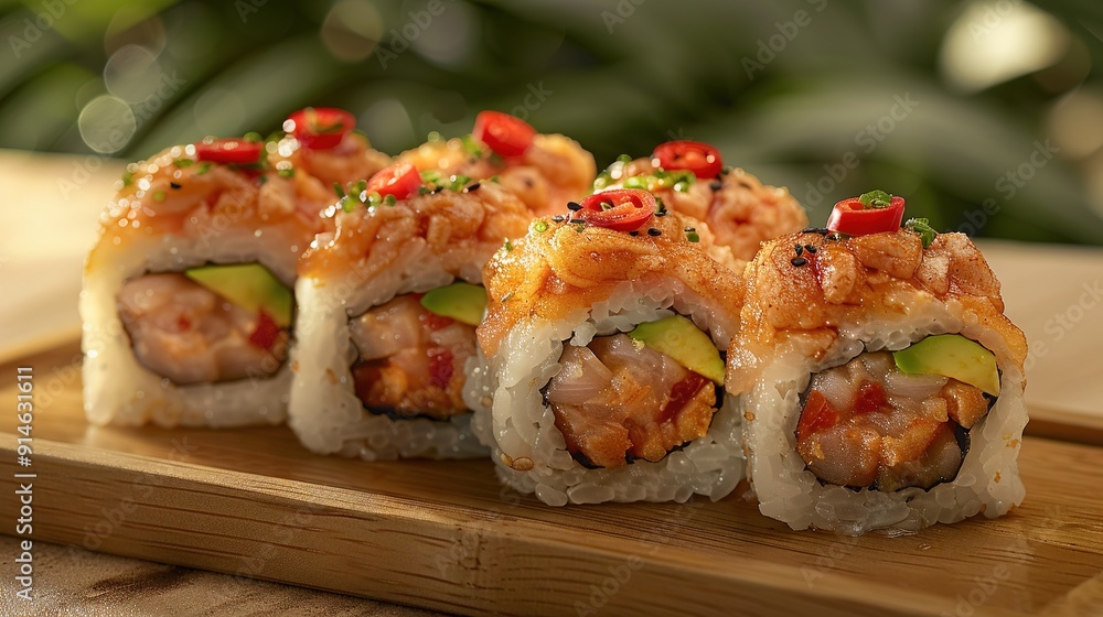 Close-up of sushi roll on wooden cutting board with background plant Close-up of sushi roll on wooden cutting board with background plant
