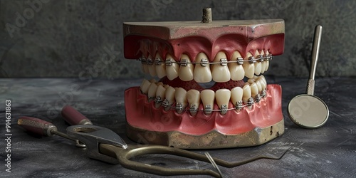 Dental model with braces, tools and mirror. photo