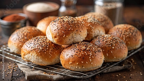  Sesame seed bagels and coffee on a cooling rack with a spoon