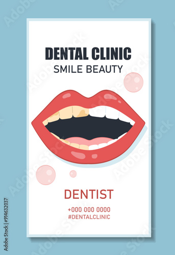 Dental clinic poster. Mouth with dirty and clean teeth. Health care and medicine, treatment. Dentistry and stomatology. Template and layout. Flat vector illustration isolated on blue background
