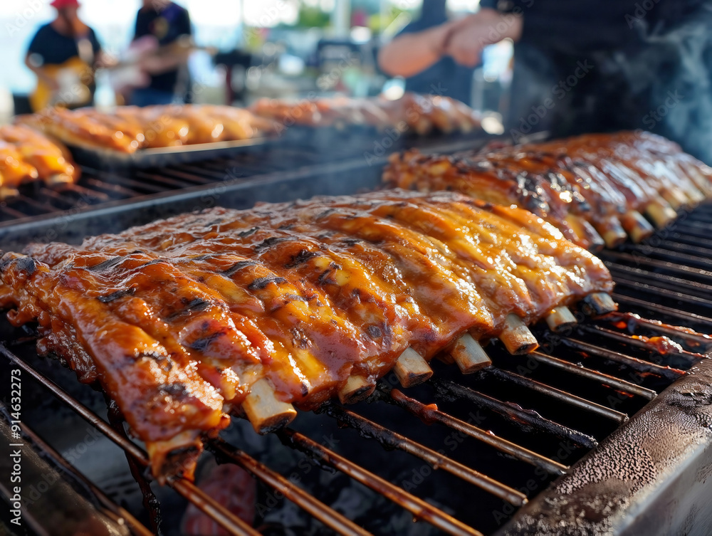 Ribs are being cooked on a grill and there are several people in the background. Scene is relaxed and casual, as people are gathered around the grill to enjoy the food