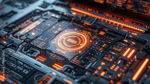 Futuristic Legal and Court Virtual Interface Displayed on Macbook Pro - Detailed Miniature Design in White and Orange Background