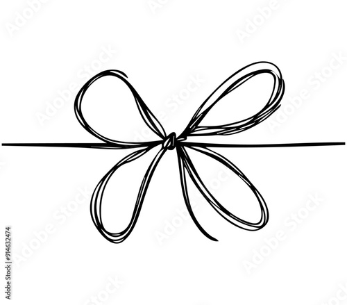 Black and white illustration of a decorative bow, detailed and elegant line art, perfect for coloring books, greeting cards, gift wrapping, or festive design