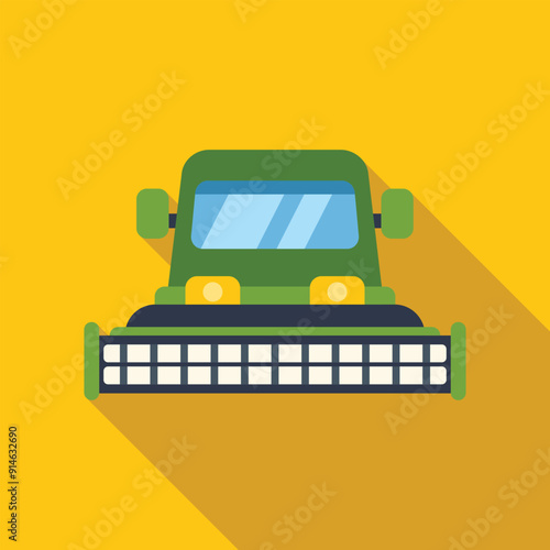 Green combine harvester working in a field flat design illustration with long shadow