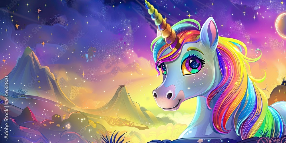 Rainbow unicorn in starry night sky. Rainbow unicorn in starry night sky.