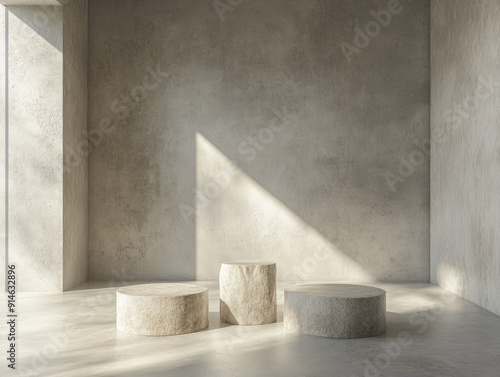 Round shapes, very simple benches and a table in a concrete space