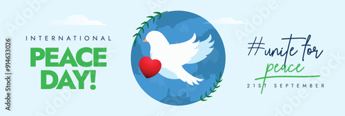 International Peace Day background, cover banner, post. 19th September Peace day celebration banner with silhouette white dove. The day aims to build a more peaceful world for everyone who lives in it