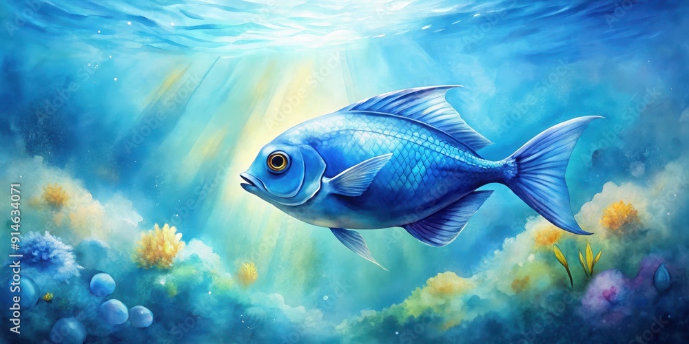 Naklejka premium Watercolor blue fish swimming in a vibrant sea animal background, watercolor, blue, fish, aquarium,pattern, sea