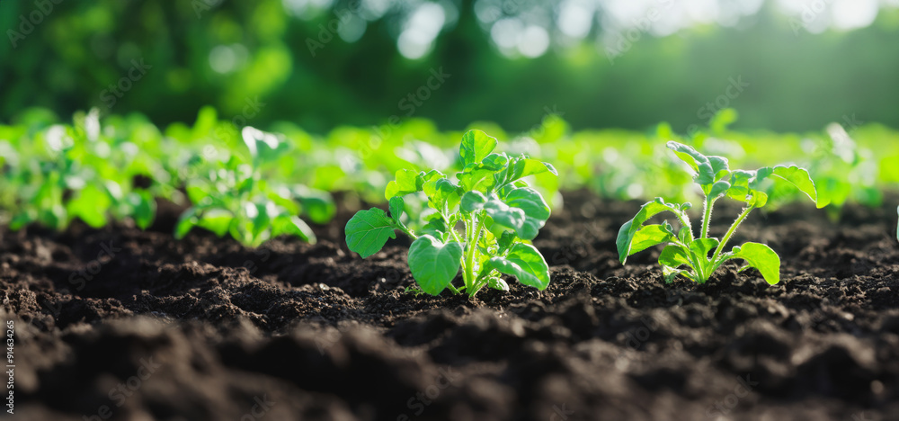 Growing Green Seedlings In Rich Soil Under The Warm Sunlight In The Garden Growing Green Seedlings In Rich Soil Under The Warm Sunlight In The Garden