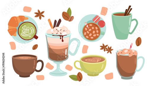 Hot and cold coffee set. Mugs with aroma and beverage. Americano, cappuccino, espresso and mochaccino. Frappe and doppio, mocha. Flat vector collection isolated on white background