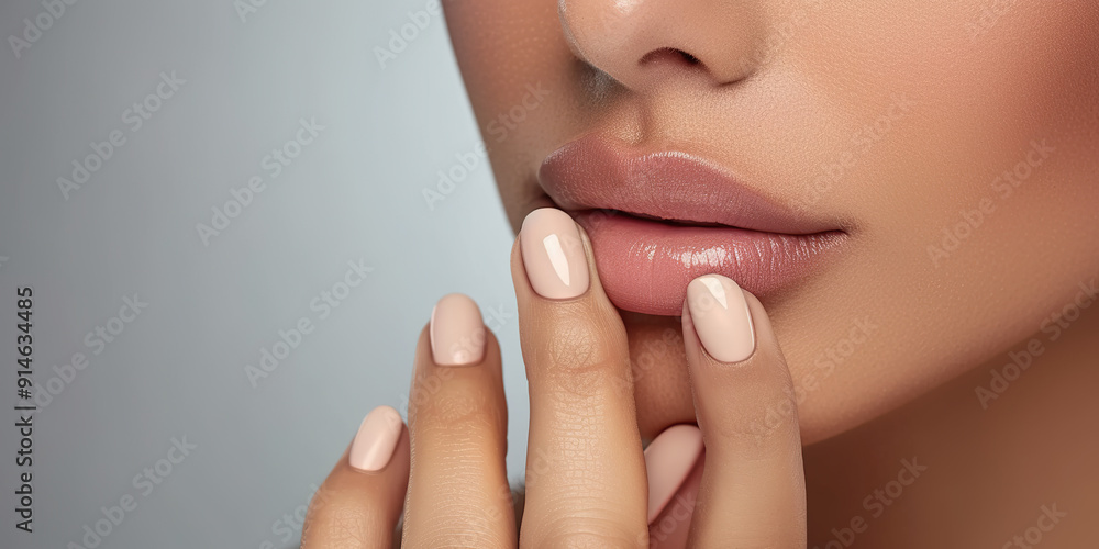 Obraz premium Close-up of a Woman's Lips and Fingers with Nude Nail Polish.