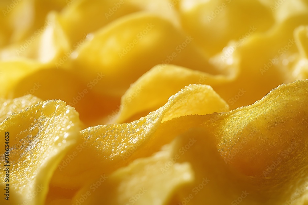 Crispy Close-up: Vibrant Yellow Potato Chips on White Background - High Resolution Texture Product Shot Crispy Close-up: Vibrant Yellow Potato Chips on White Background - High Resolution Texture Product Shot