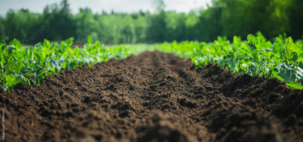 Vibrant Green Rows of Young Crops Growing in Rich Soil Under Sunny Sky Vibrant Green Rows of Young Crops Growing in Rich Soil Under Sunny Sky