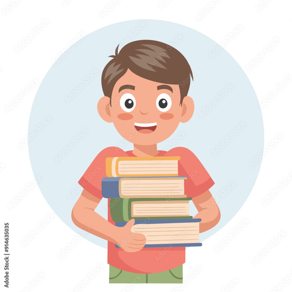 Cute boy holding a stack of books. Schoolboy with books. Flat style illustration Cute boy holding a stack of books. Schoolboy with books. Flat style illustration