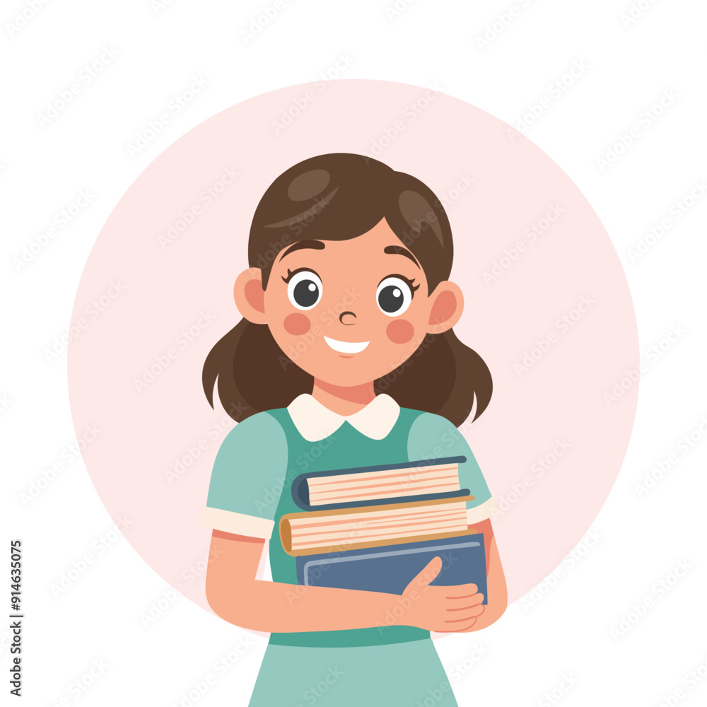 Cute girl holding a stack of books. Schoolgirl with books. Flat style illustration Cute girl holding a stack of books. Schoolgirl with books. Flat style illustration