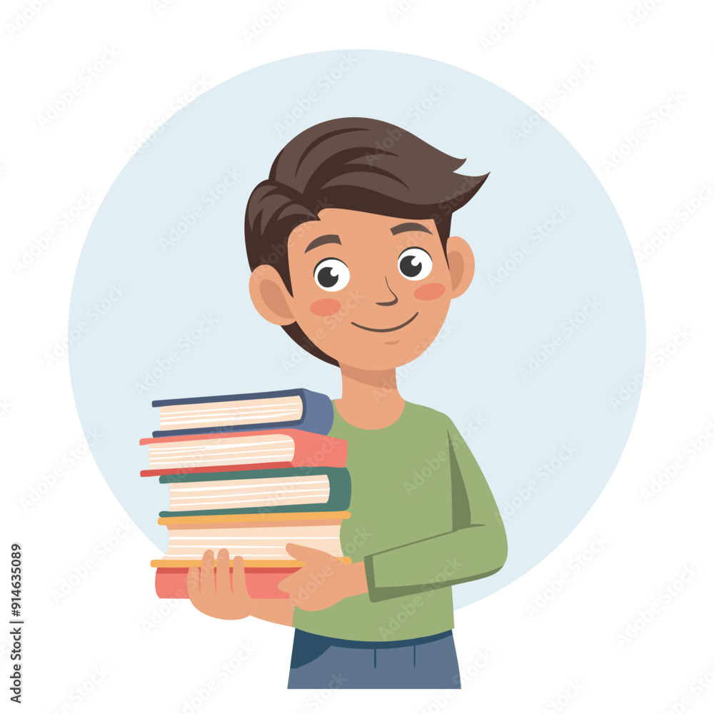 Cute boy holding a stack of books. Schoolboy with books. Flat style illustration Cute boy holding a stack of books. Schoolboy with books. Flat style illustration