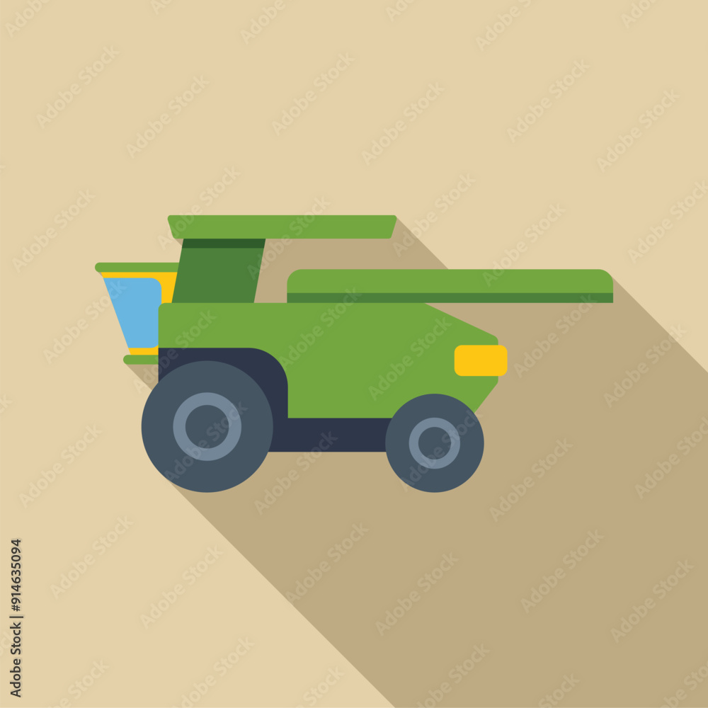 Green combine harvester working in field flat illustration with long shadow Green combine harvester working in field flat illustration with long shadow