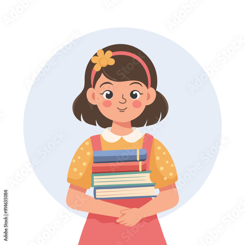 Cute girl holding a stack of books. Schoolgirl with books. Flat style illustration